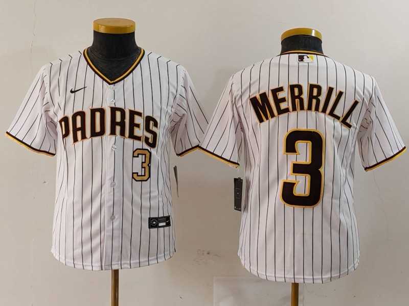 Youth San Diego Padres #3 Jackson Merrill White 2023 Cool Base Stitched Jerseys 500w